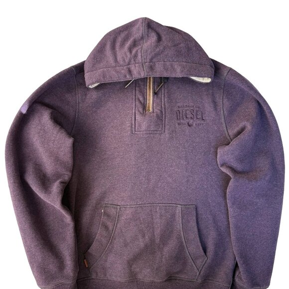Diesel Half Zip Hoodie L Dark Plum Purple Embroidered Logo Kangaroo Pocket - Picture 2 of 12